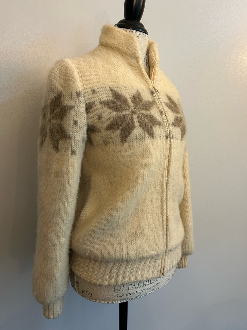 Vintage Hilda Snowflake Wool Knit Full Zip Sweater Womens Iceland 70s 80s XS